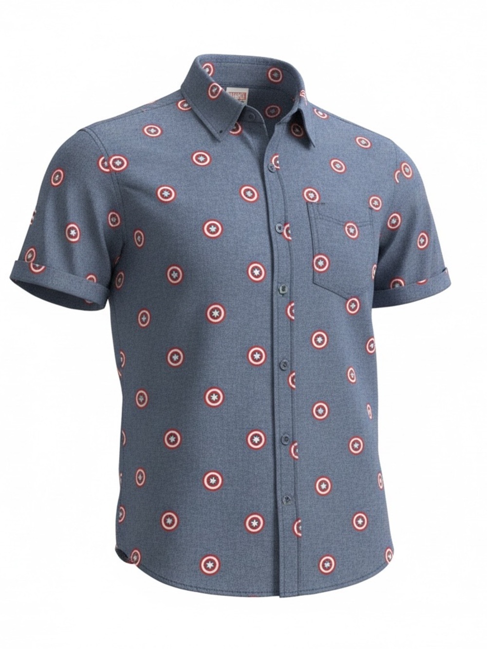 Marvel Men's Blue Short-Sleeve Button-Down Shirt with Red Accent Print Medium